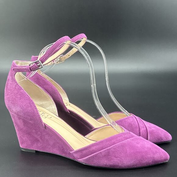 Franco Sarto FAYE Womens 8.5M Suede Wedge Heel Purple Strappy Ankle Holiday Chic - Picture 1 of 8